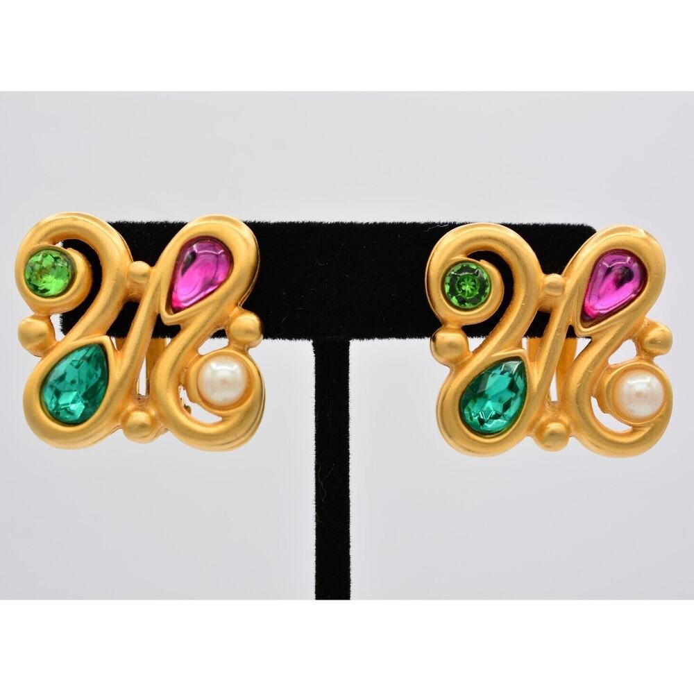 Givenchy Vintage Cabochon Clip On Earrings Brushed Gold Pink Green Signed BinAZ